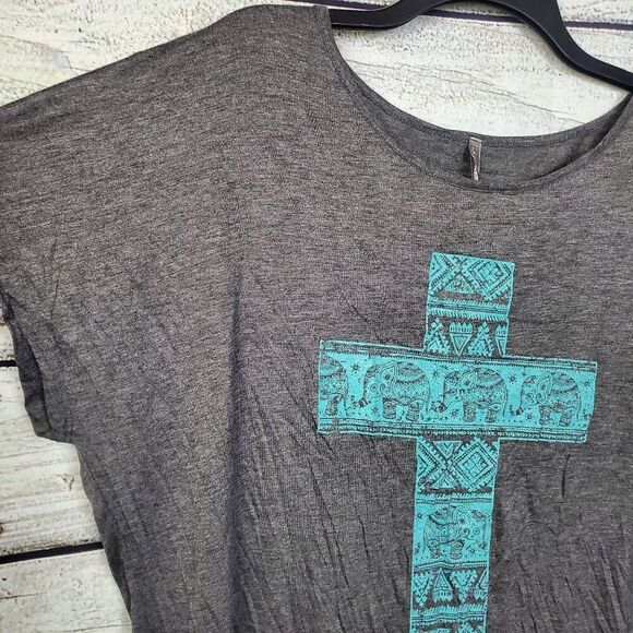 Vanity 2XL Gray Fringe Hem Elephant Cross Graphic Top Boho Dolman Tee - Picture 3 of 7
